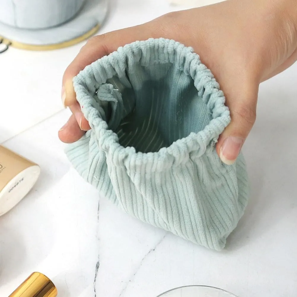 SZELL Pocket Cosmetic Bag Corduroy Elastic Self-Closing Pouches Waterproof Coin Purse for Makeup Lipstick Earphones Jewelry Organizer (Beige)
