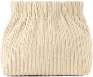 SZELL Pocket Cosmetic Bag Corduroy Elastic Self-Closing Pouches Waterproof Coin Purse for Makeup Lipstick Earphones Jewelry Organizer (Beige)