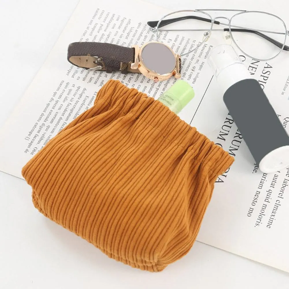 SZELL Pocket Cosmetic Bag Corduroy Elastic Self-Closing Pouches Waterproof Coin Purse for Makeup Lipstick Earphones Jewelry Organizer (Beige)
