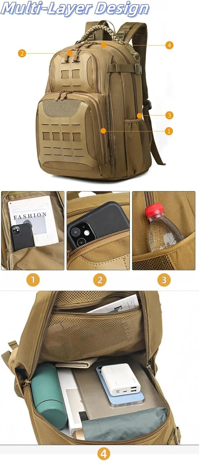 Tactical Backpack Canvas Backpacks Outdoor laptop backpack MOLLE nylon Backpack Hiking Camping fishing (01#Khaki)