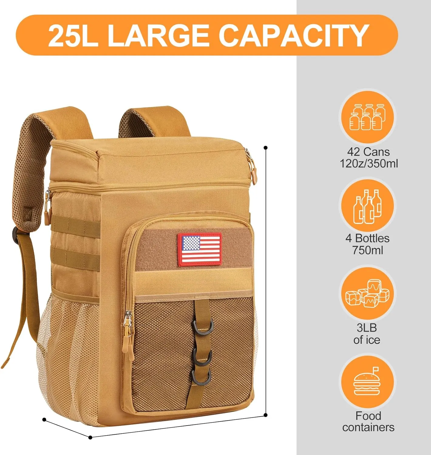 Tactical Backpack Cooler, 25L Cooler Backpack Insulated Leak-Proof, Heavy Duty Large Lunch Backpack, Waterproof Ice Chest Backpack, Cooler Lunch Backpack for Hiking,Travel, Outdoor,Khaki