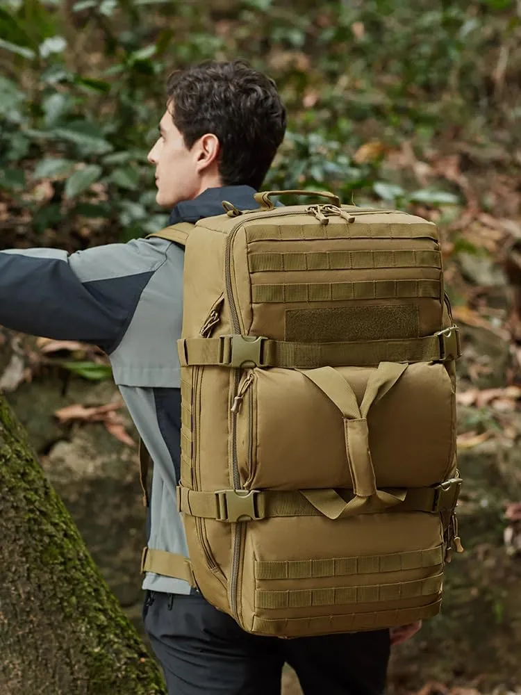 Tactical Duffel Backpack Military Waterproof handbags Large Capacity Mountaineering Luggage Hiking Camping Bag Outdoor (Brown, 12.2" L x25.2 H x 10.3" W)