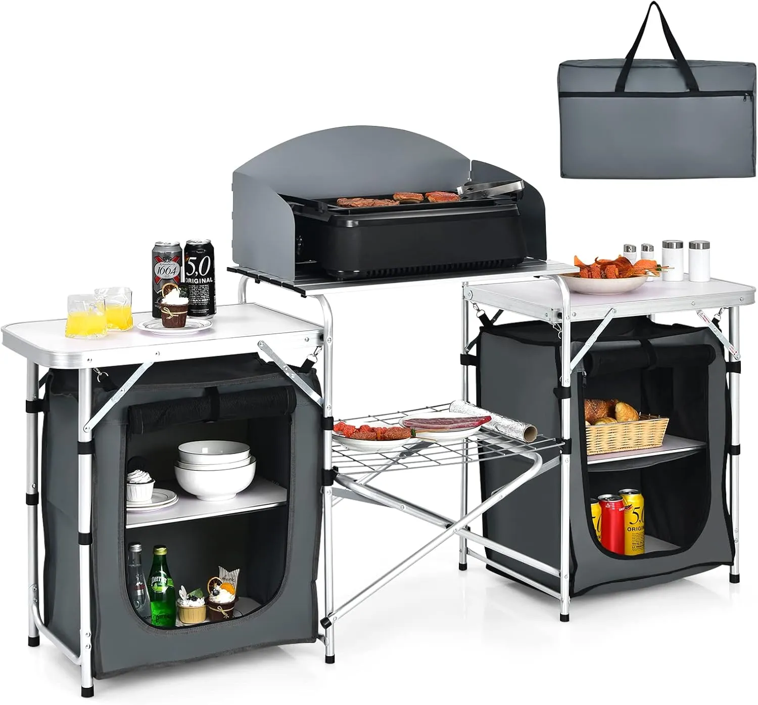 Tangkula Folding Camping Table, 2-Tier Aluminum Camping Kitchen Table with Windscreen, Cook Station, Portable Camp Cook Table with Storage Organizer Shelves, Carry Bag, Ideal for Picnic, BBQ, Party