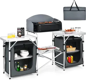 Tangkula Folding Camping Table, 2-Tier Aluminum Camping Kitchen Table with Windscreen, Cook Station, Portable Camp Cook Table with Storage Organizer Shelves, Carry Bag, Ideal for Picnic, BBQ, Party