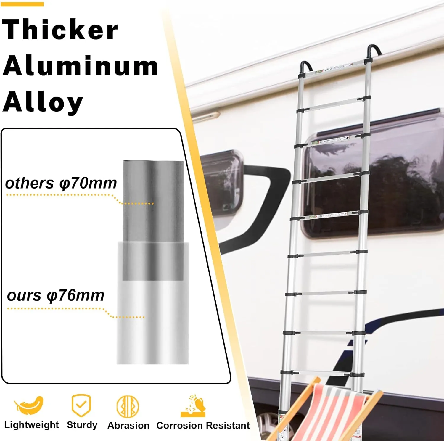 Telescopic Ladder, 12.5FT RIKADE Aluminum Telescoping Ladder with Non-Slip Feet and Stable Hook, Portable Extension Ladder for Household and Outdoor Working, 330lb Capacity