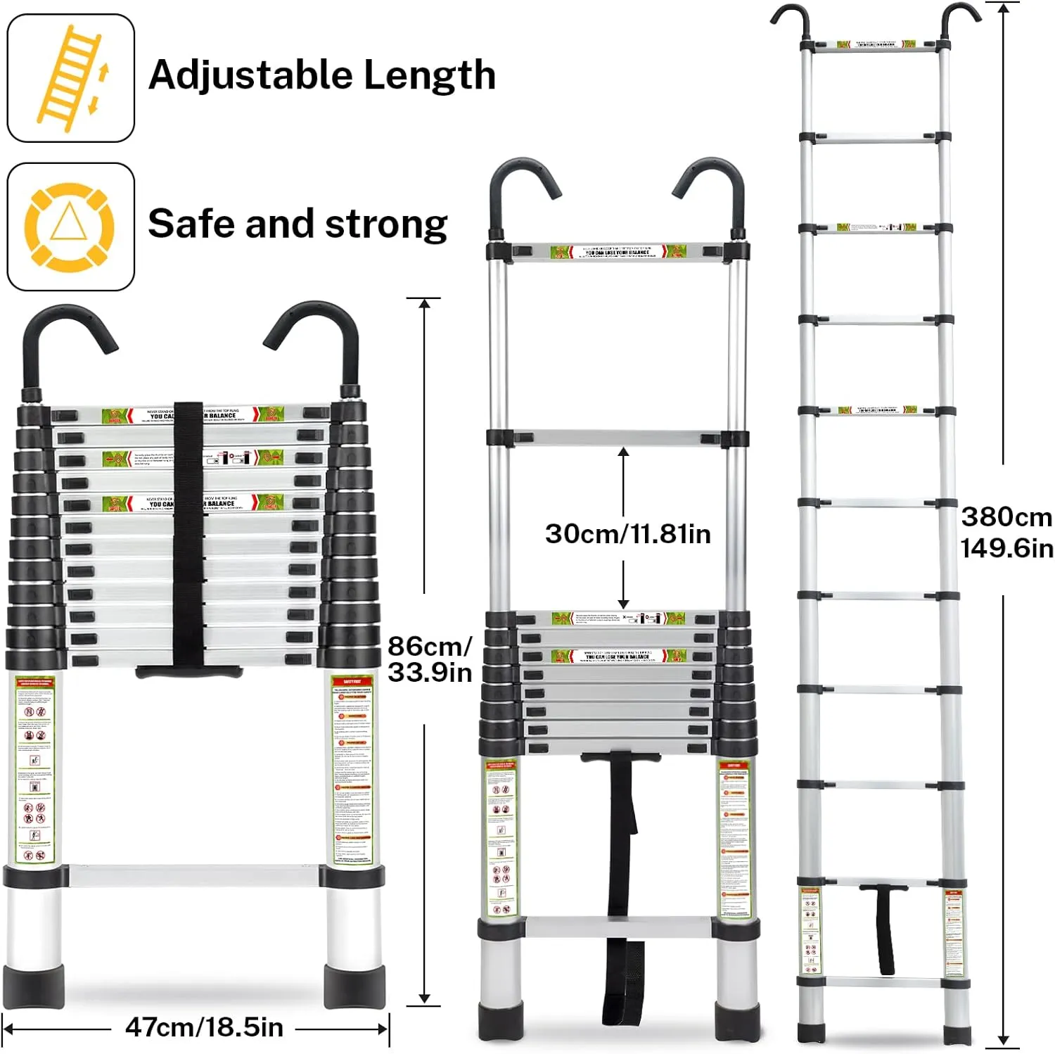 Telescopic Ladder, 12.5FT RIKADE Aluminum Telescoping Ladder with Non-Slip Feet and Stable Hook, Portable Extension Ladder for Household and Outdoor Working, 330lb Capacity