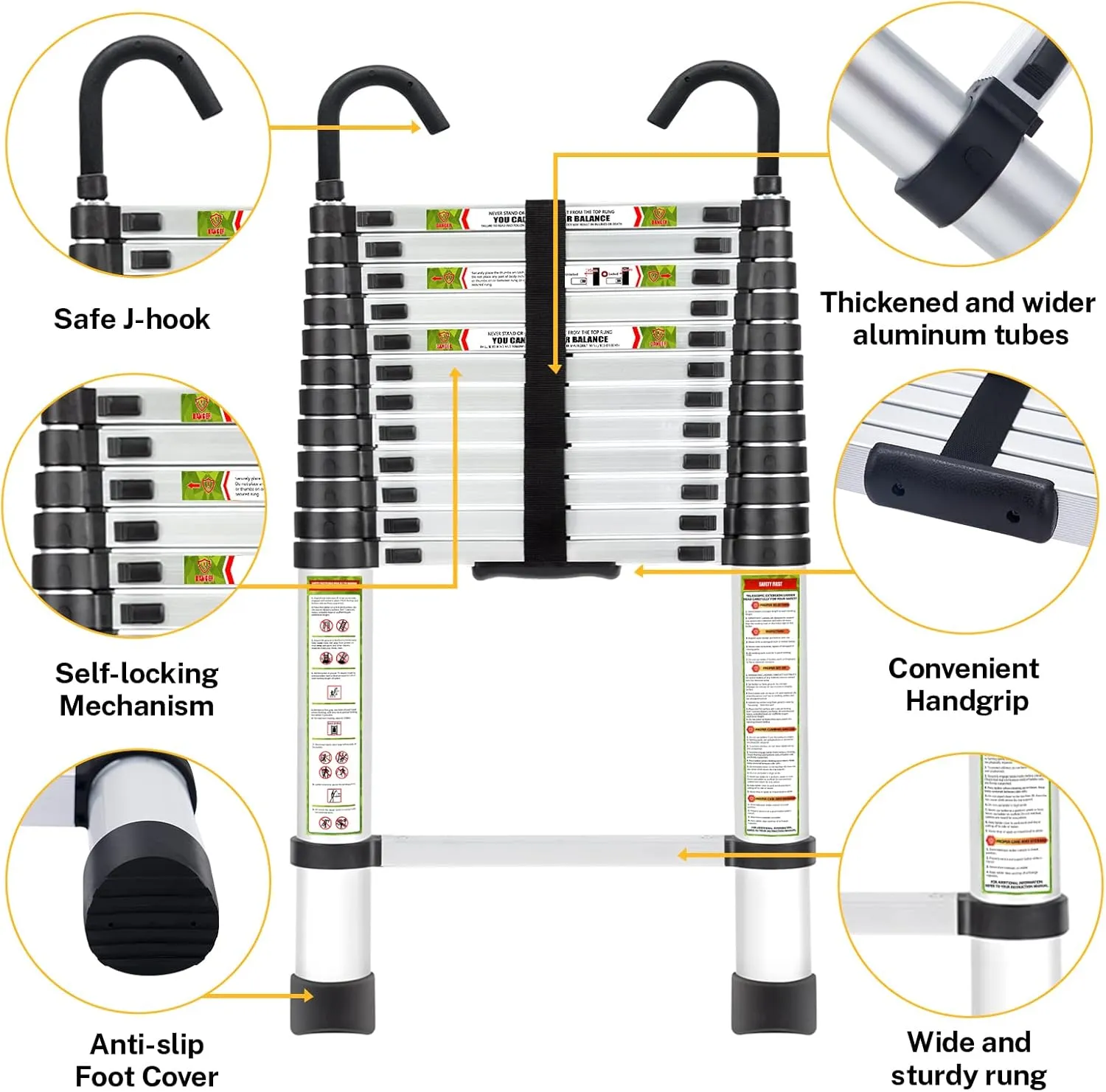 Telescopic Ladder, 12.5FT RIKADE Aluminum Telescoping Ladder with Non-Slip Feet and Stable Hook, Portable Extension Ladder for Household and Outdoor Working, 330lb Capacity