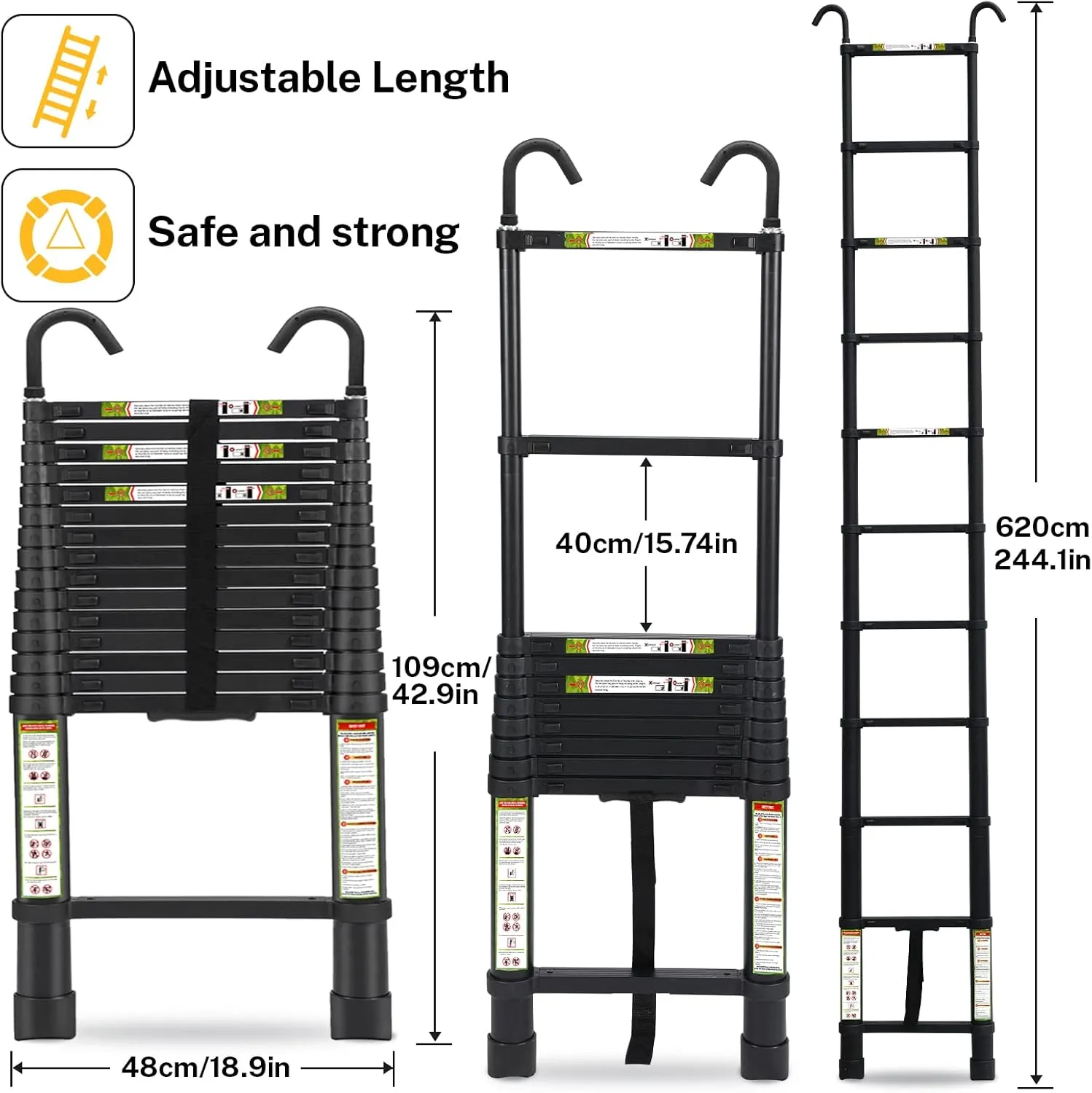 Telescopic Ladder, 20.34FT RIKADE Aluminum Telescoping Ladder with Stable Hook and Non-Slip Feet, Portable Extension Ladder for Household and Outdoor Working 330lb Capacity
