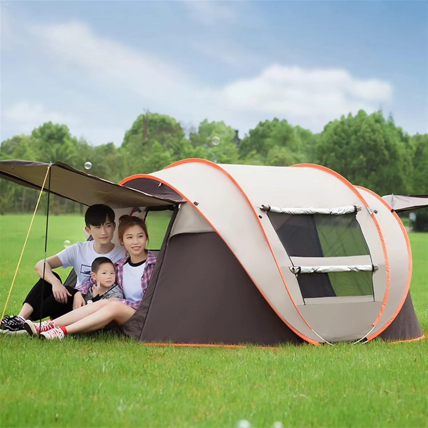 Tent Large Boat Tent Automatic Pop Up Family Camping Tent Double Door - Window Waterproof (Beige One Size)
