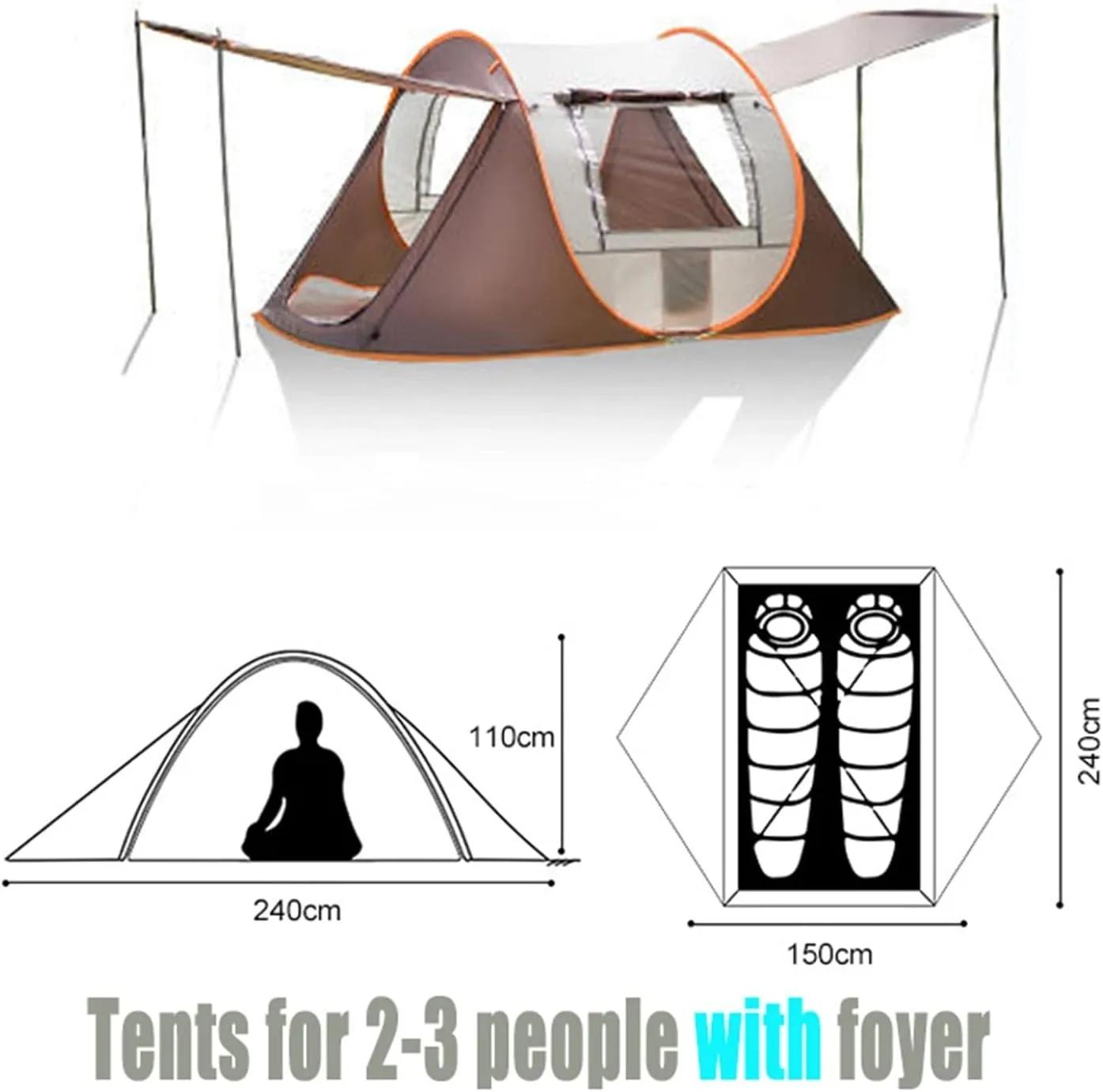 Tent Large Boat Tent Automatic Pop Up Family Camping Tent Double Door - Window Waterproof (Beige One Size)