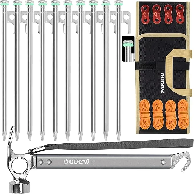 Tent Stakes and Hammer Set,10pcs 10 in Heavy Duty Metal Tent Stakes   12in Camping Hammer   Reflective Camping Rope   Storage Bag,Camping Accessories for Ground,Camp and Graden (Silver)