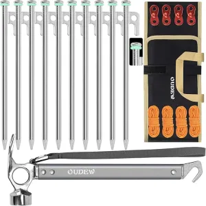Tent Stakes and Hammer Set,10pcs 10 in Heavy Duty Metal Tent Stakes   12in Camping Hammer   Reflective Camping Rope   Storage Bag,Camping Accessories for Ground,Camp and Graden (Silver)