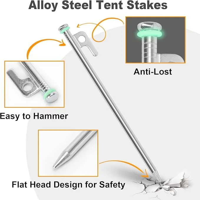 Tent Stakes and Hammer Set,10pcs 10 in Heavy Duty Metal Tent Stakes   12in Camping Hammer   Reflective Camping Rope   Storage Bag,Camping Accessories for Ground,Camp and Graden (Silver)