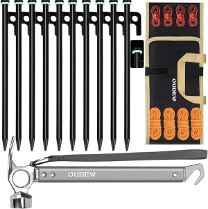 Tent Stakes and Hammer Set,10pcs 10 in Heavy Duty Metal Tent Stakes   12in Camping Hammer   Reflective Camping Rope   Storage Bag,Camping Accessories for Ground,Camp and Graden(Black)