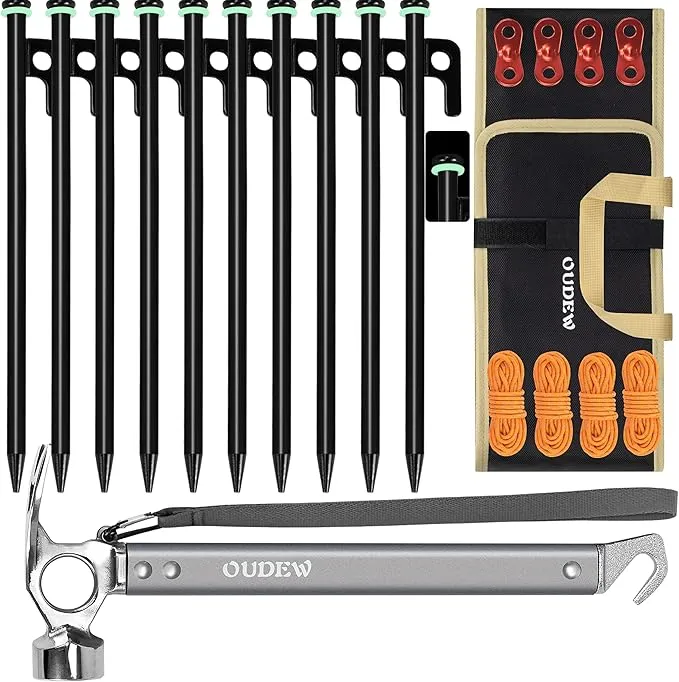 Tent Stakes and Hammer Set,10pcs 10 in Heavy Duty Metal Tent Stakes   12in Camping Hammer   Reflective Camping Rope   Storage Bag,Camping Accessories for Ground,Camp and Graden(Black)
