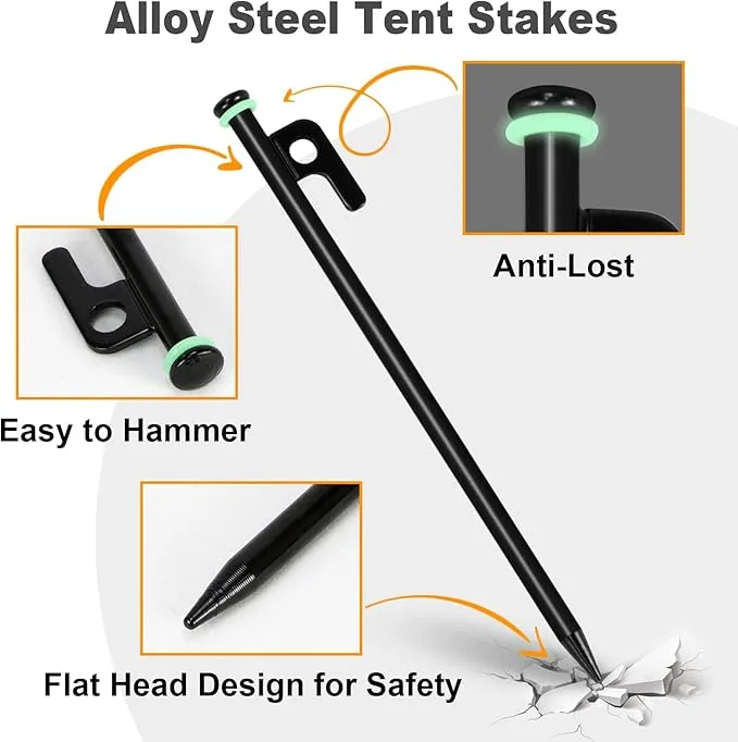 Tent Stakes and Hammer Set,10pcs 10 in Heavy Duty Metal Tent Stakes   12in Camping Hammer   Reflective Camping Rope   Storage Bag,Camping Accessories for Ground,Camp and Graden(Black)