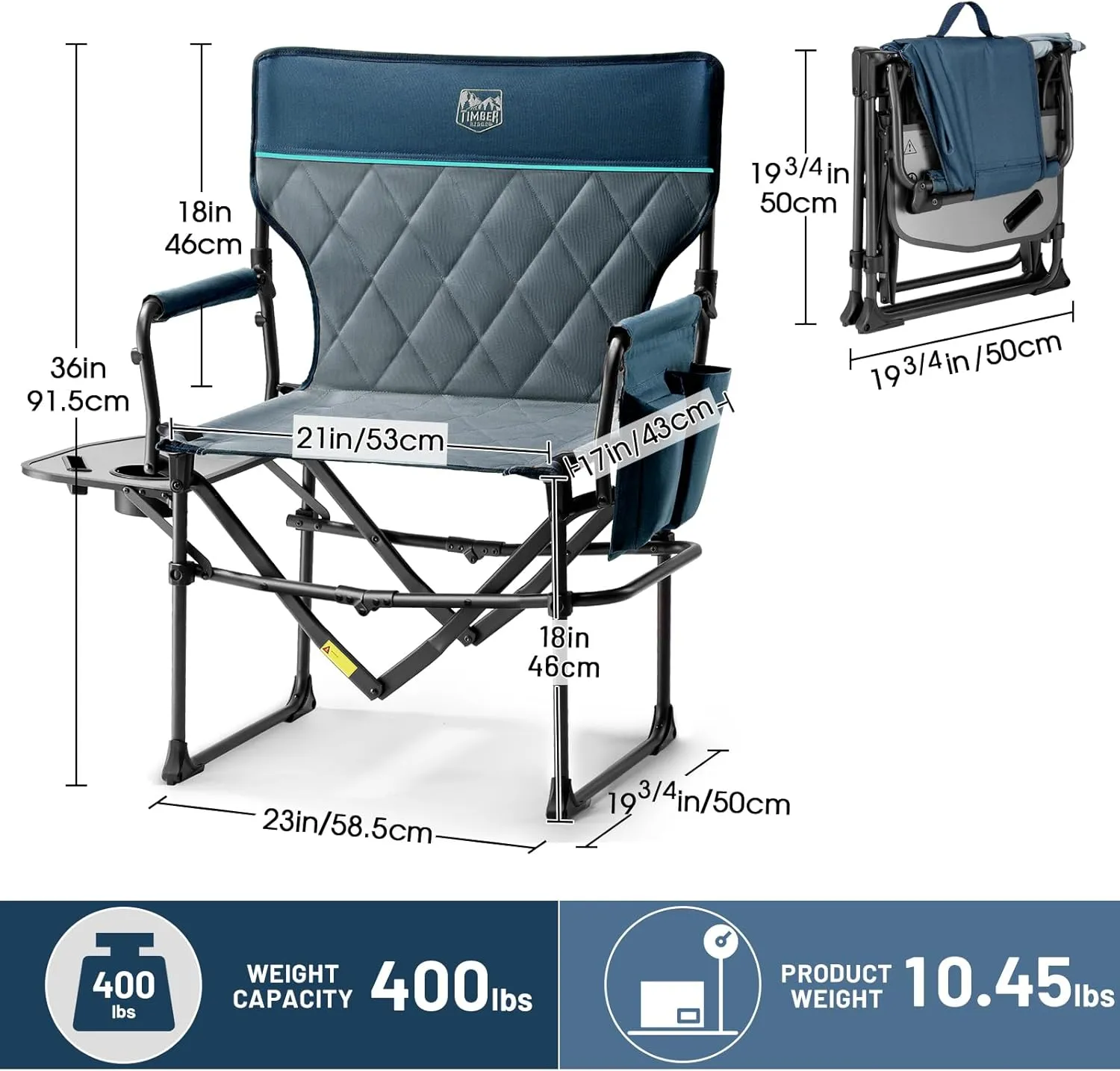 TIMBER RIDGE 2 Pack Camping Directors Chair with Side Table Pocket, Portable Folding Heavy Duty Lawn Chair for Fishing Trip Picnic Concert Outdoor 400lbs, Blue