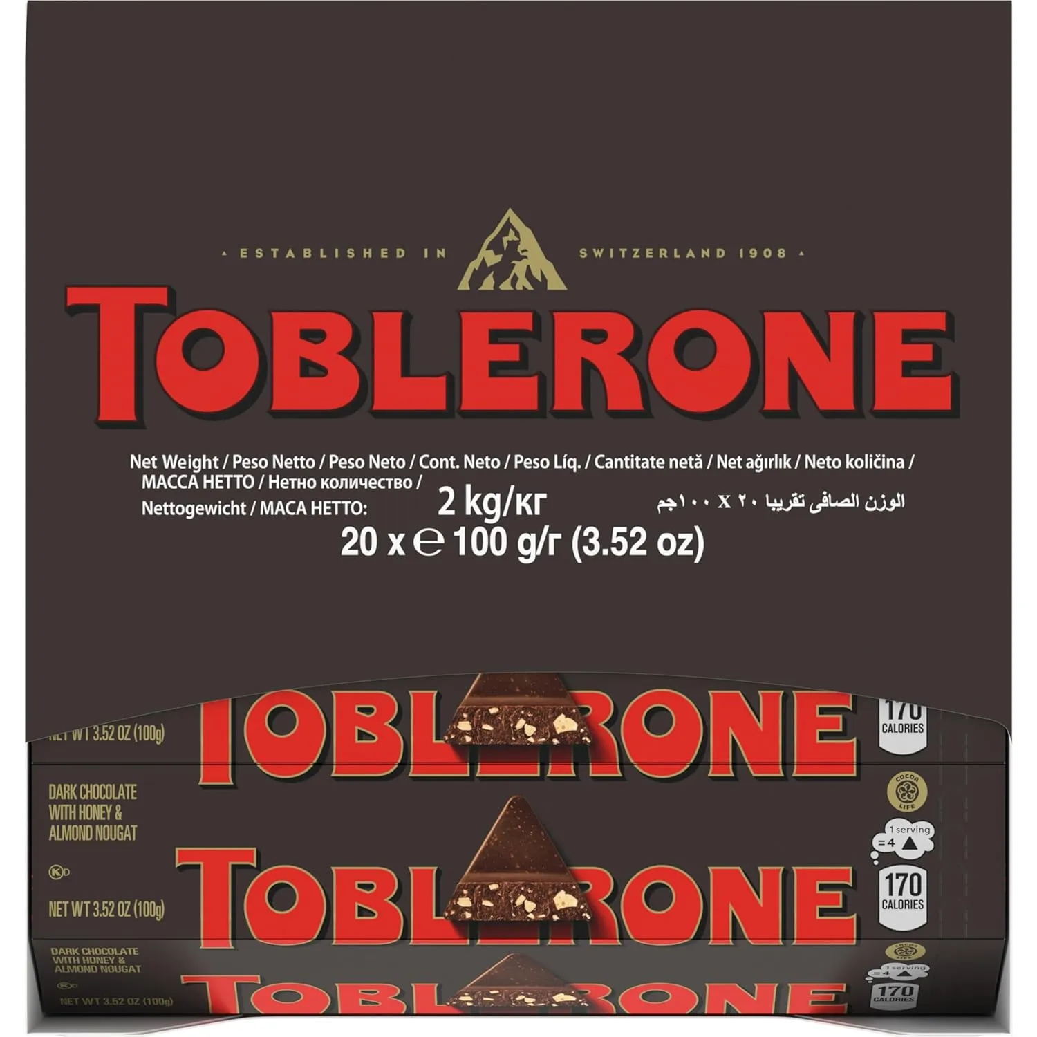 Toblerone Dark Chocolate Bar with Honey and Almond Nougat, 20 - 3.52 oz Bars