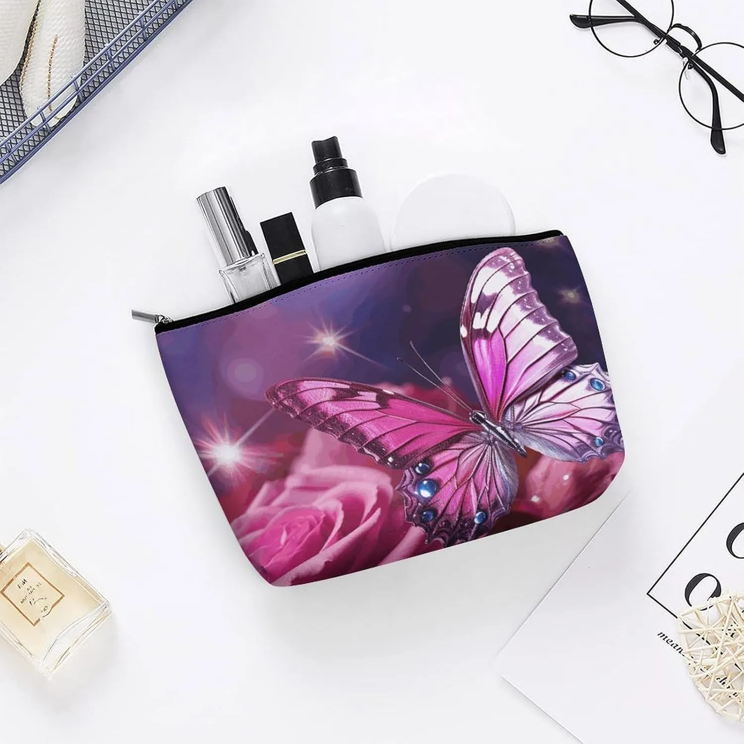 Toiletry Bag for Women Pink Butterfly Cosmetic Bag Portable Capacity Travel Makeup Bags with Zipper Lightweight Cute Beauty Makeup Organizer for Traveling, Accessories, Essentials