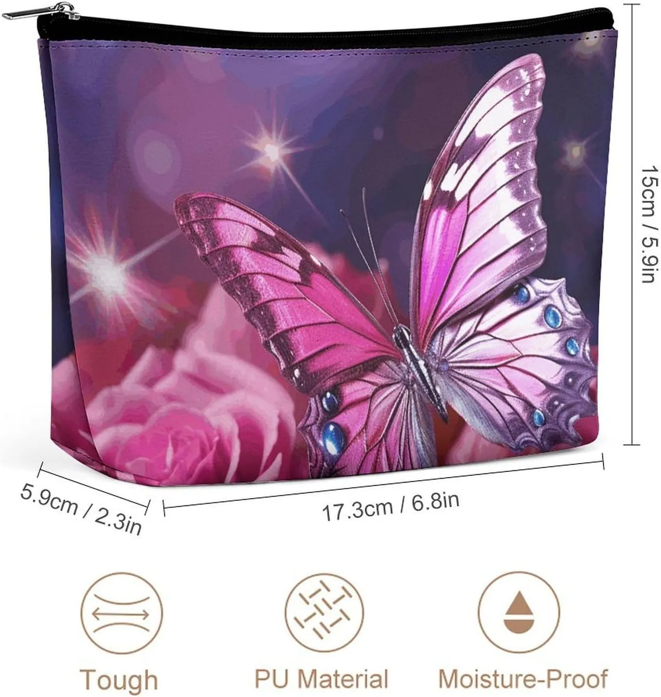 Toiletry Bag for Women Pink Butterfly Cosmetic Bag Portable Capacity Travel Makeup Bags with Zipper Lightweight Cute Beauty Makeup Organizer for Traveling, Accessories, Essentials