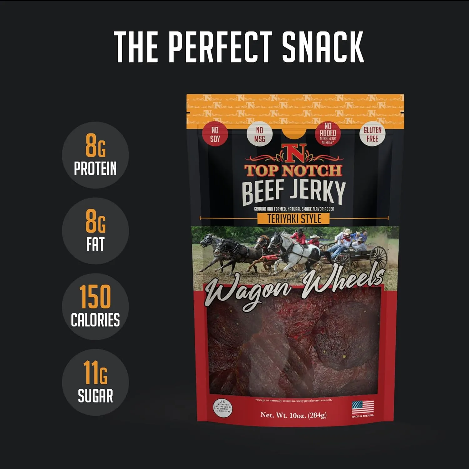 Top Notch Wagon Wheels Jerky - 10 oz Bag of Beef Jerky - High Protein Snacks for Kids and Adults Made From Locally Raised Beef - Flavorful Rounds of Premium Beef Jerky (Teriyaki)