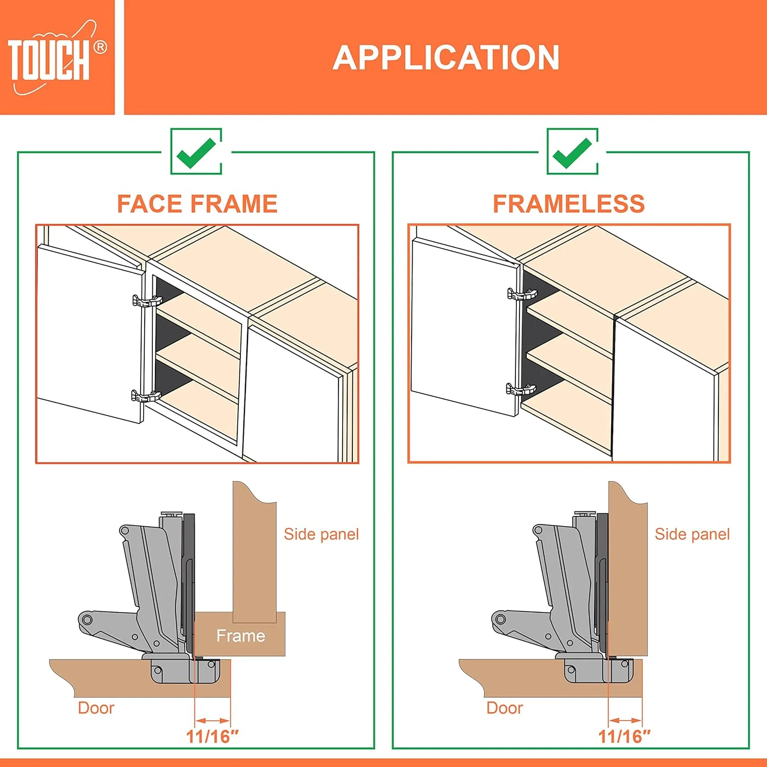 TOUCH Cabinet Hinges (1 Pair, 2 PCS) Face Frame 165 Degree Full Overlay Clip-on Lazy Susan Self Close Folding Cupboard Door 3-Way Adjustable Kitchen Corner Cabinet Hinges with Screws