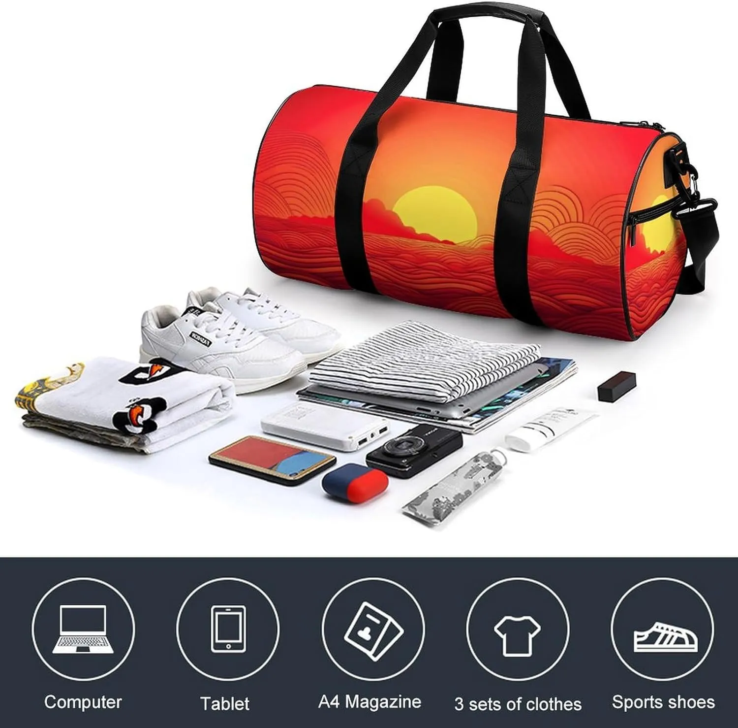 Travel Duffel Bag for Men And Women,Red Sunrise Waterproof Sports Fitness Bag Portable Travel Duffel Bag