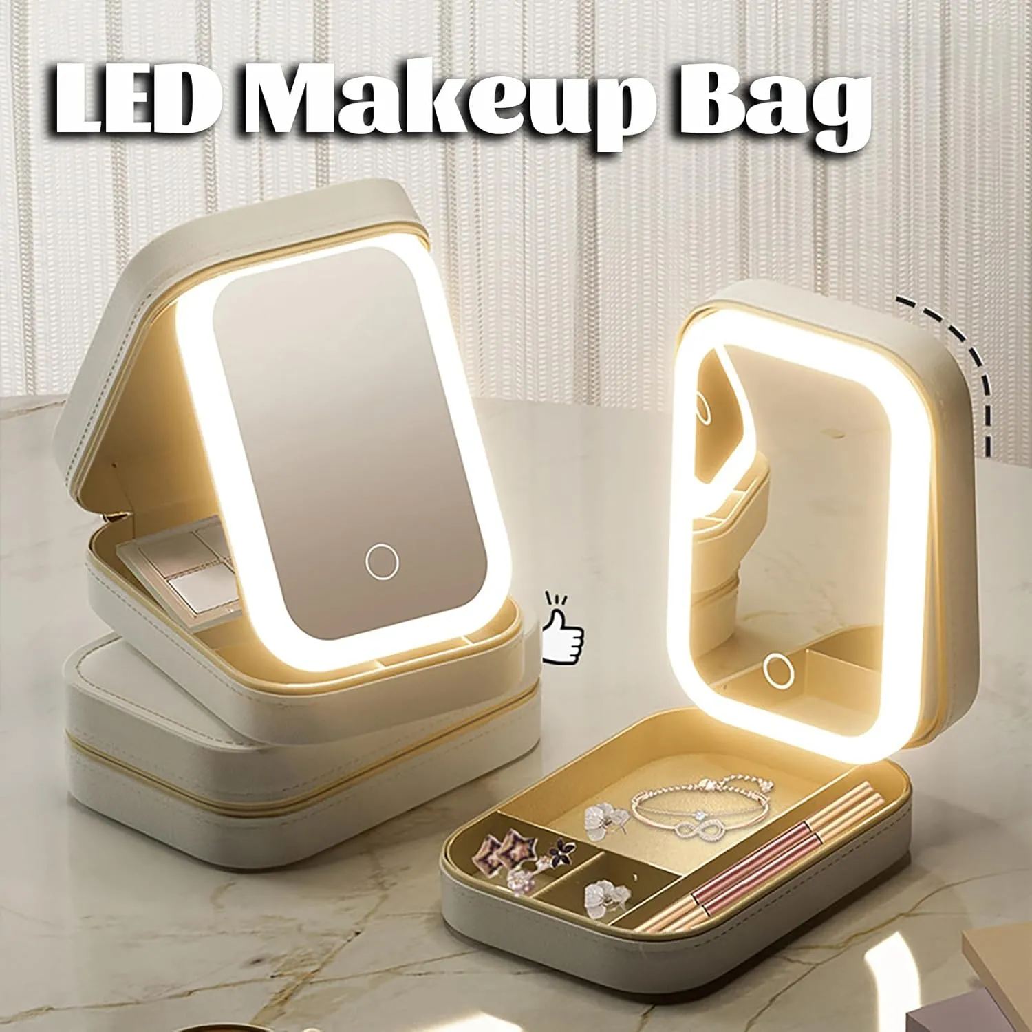 Travel Makeup Bag With Led Mirror, LED Makeup Bag, Travel Makeup Case with Led Mirror, Portable Makeup Box with Mirror and Light, Gift For Girl Women (Beige)