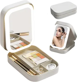 Travel Makeup Bag With Led Mirror, LED Makeup Bag, Travel Makeup Case with Led Mirror, Portable Makeup Box with Mirror and Light, Gift For Girl Women (Beige)