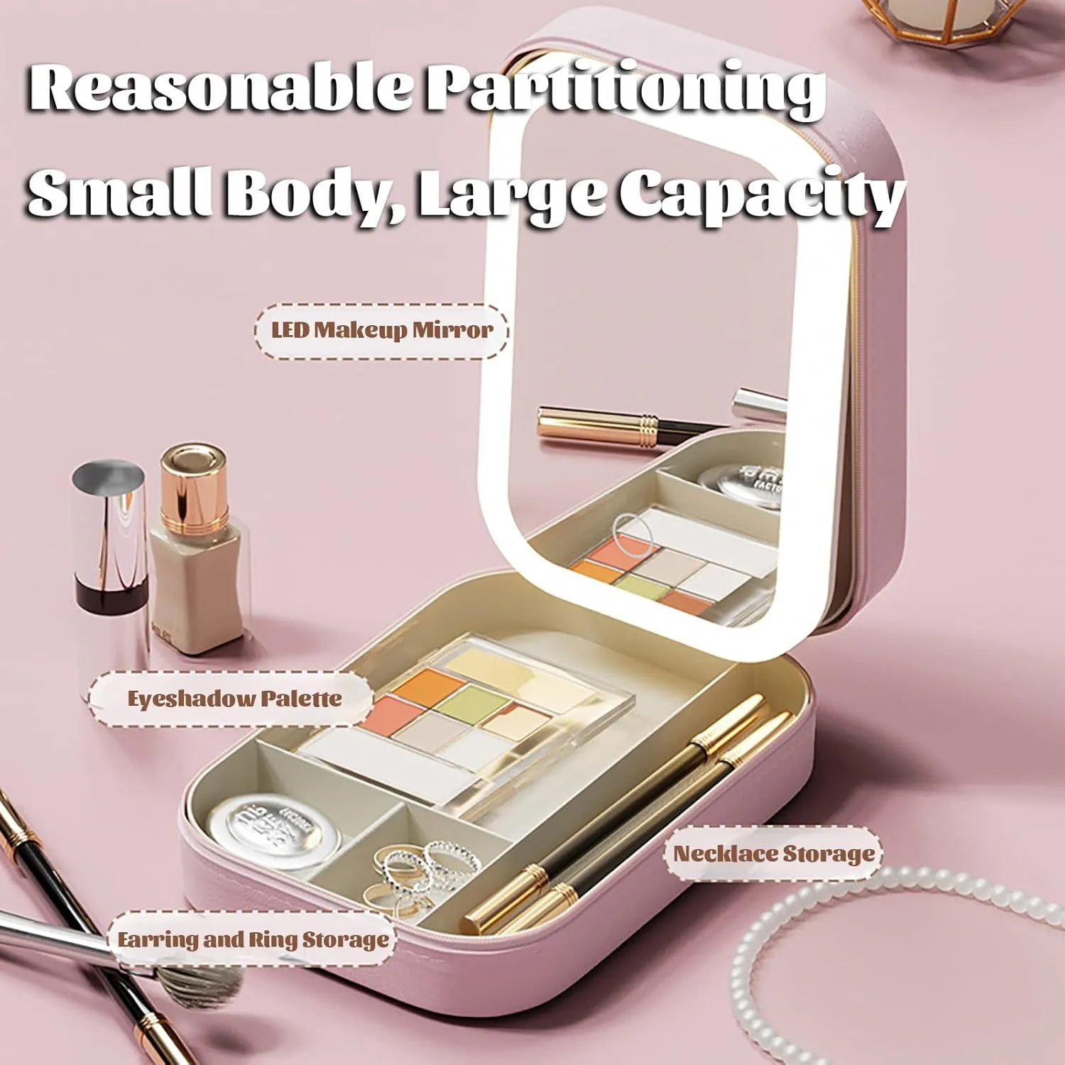 Travel Makeup Bag With Led Mirror, LED Makeup Bag, Travel Makeup Case with Led Mirror, Portable Makeup Box with Mirror and Light, Gift For Girl Women (Beige)