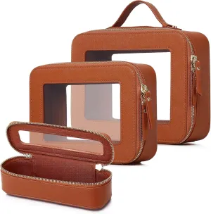 Travel Makeup Set Waterproof Transparent Cosmetic Bag and Toiletry Bag Makeup Brush case with Zipper Car Essentials for Women (Brown, L M SLIM)