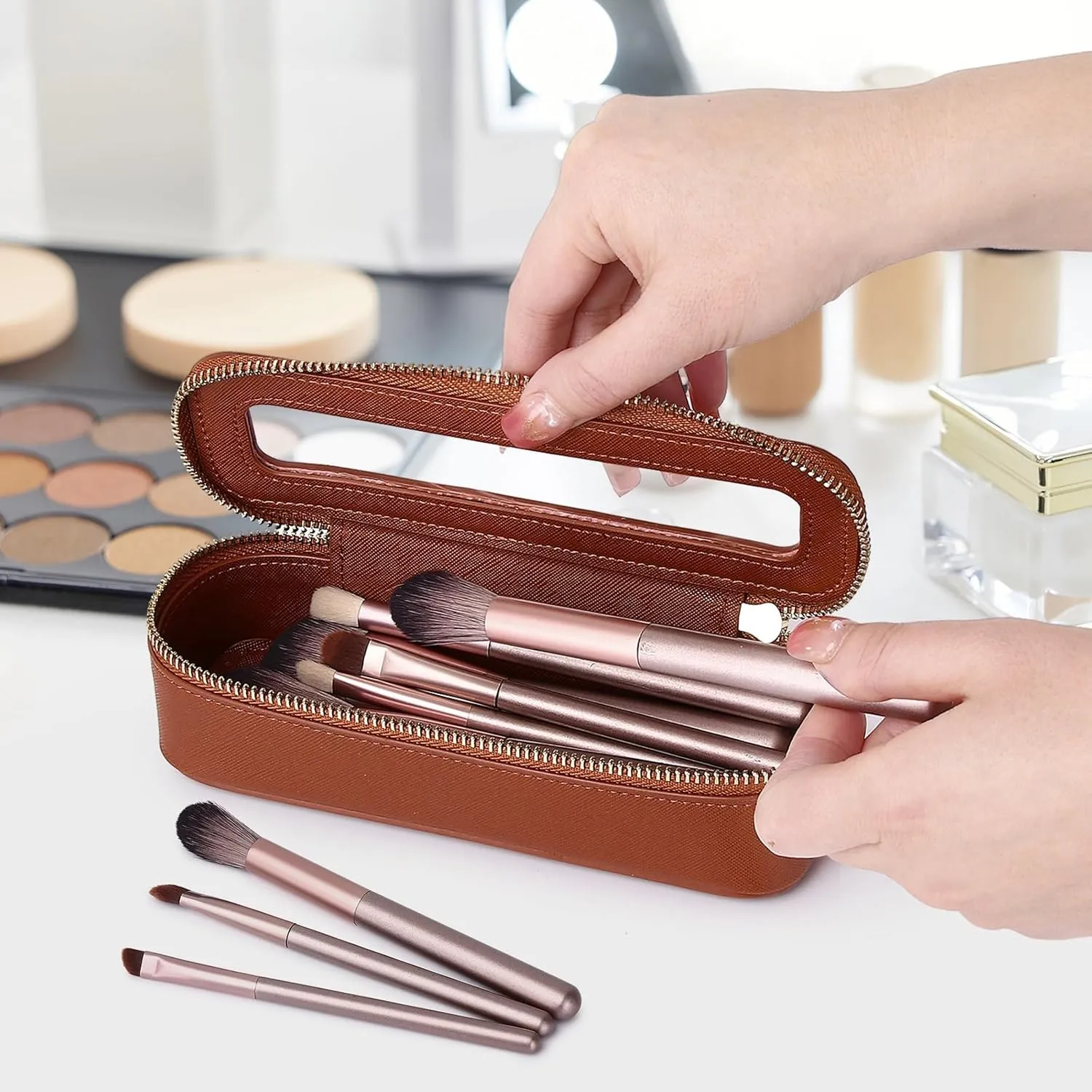 Travel Makeup Set Waterproof Transparent Cosmetic Bag and Toiletry Bag Makeup Brush case with Zipper Car Essentials for Women (Brown, L M SLIM)