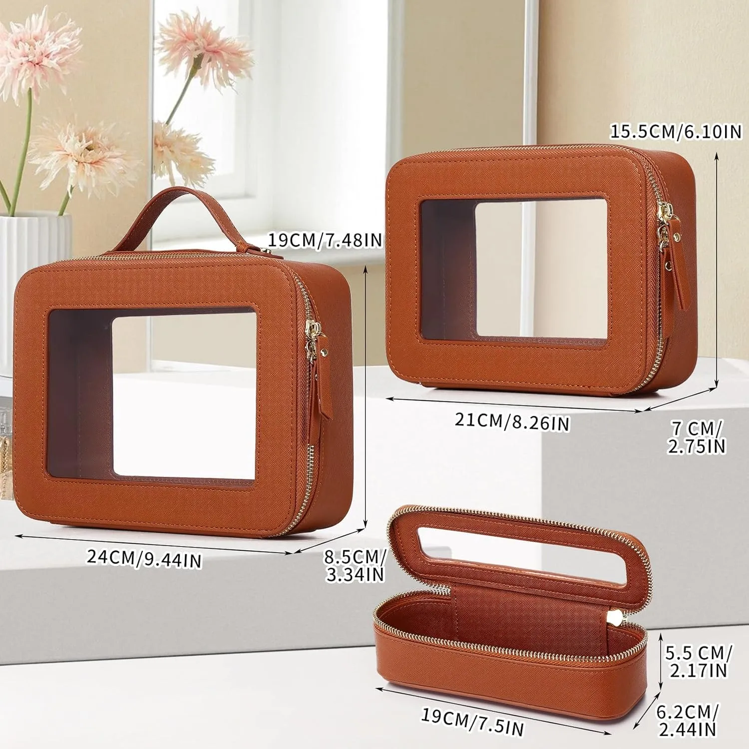 Travel Makeup Set Waterproof Transparent Cosmetic Bag and Toiletry Bag Makeup Brush case with Zipper Car Essentials for Women (Brown, L M SLIM)
