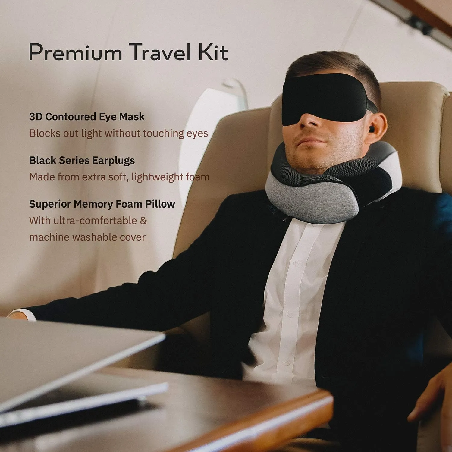Travel Neck Pillows for Airplanes, Sleeping Essentials for Long haul Flights, 360° Head Support, Car and Airplane Kit with 3D Contoured Eye Mask, Earplugs and Luxury Mesh Bag (Adult, Grey)