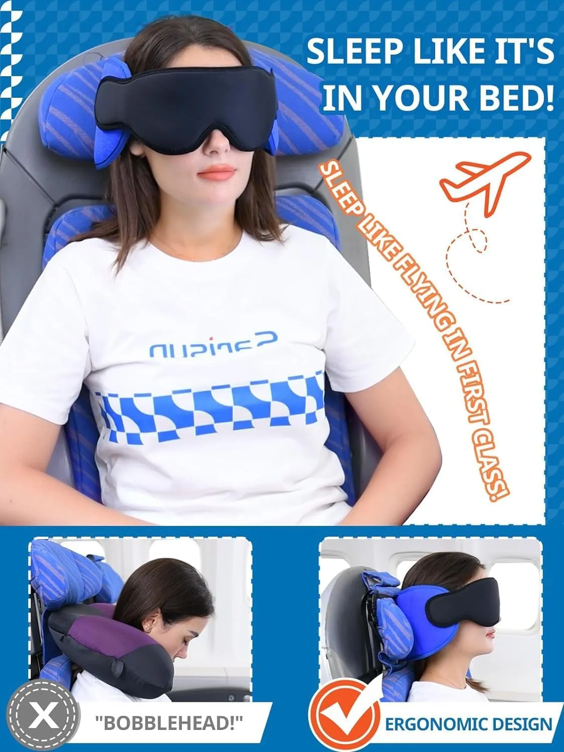 Travel Pillows for Airplanes, Airplane Pillow for Long Flight, Airplane Head Strap with Sleep Eye Mask, 360° Headrest for Car Road Trip, Stop Bobblehead, FSA HSA Eligible Approved, Red