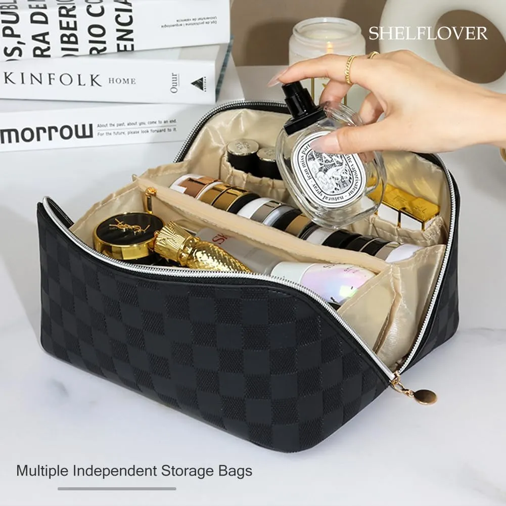 Travel Toiletry Bag Makeup Bag, Water-Resistent Cosmetic Bags for Women, Portable Pouch Open Flat Make Up Organizer Case, Cosmetic Bags, Black Grid