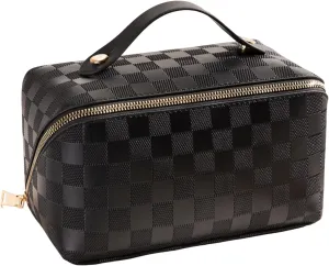 Travel Toiletry Bag Makeup Bag, Water-Resistent Cosmetic Bags for Women, Portable Pouch Open Flat Make Up Organizer Case, Cosmetic Bags, Black Grid