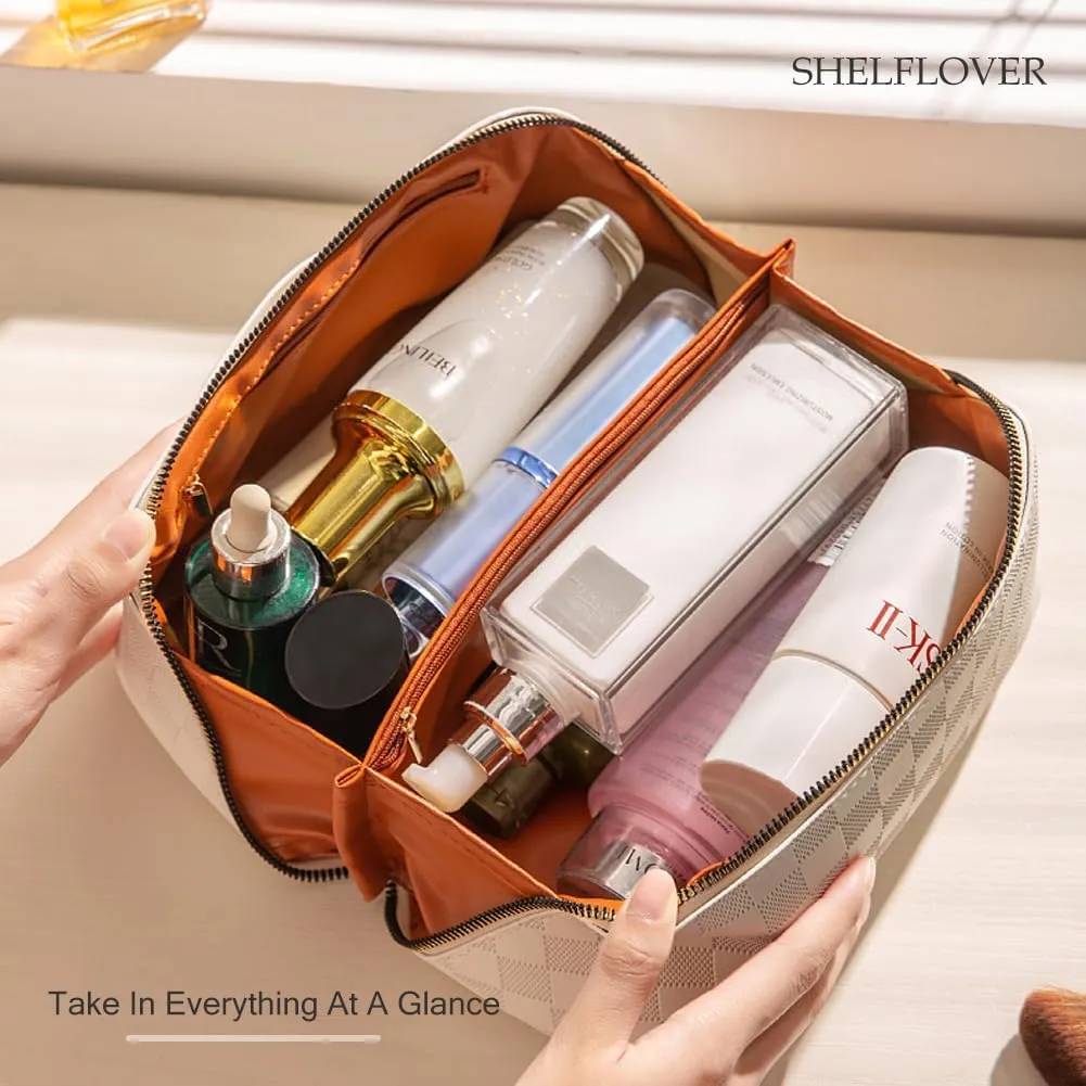 Travel Toiletry Bag Makeup Bag, Water-Resistent Cosmetic Bags for Women, Portable Pouch Open Flat Make Up Organizer Case, Cosmetic Bags, Black Grid