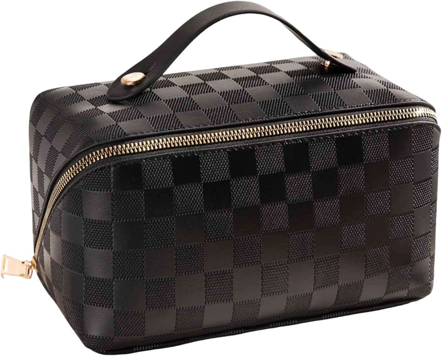 Travel Toiletry Bag Makeup Bag, Water-Resistent Cosmetic Bags for Women, Portable Pouch Open Flat Make Up Organizer Case, Cosmetic Bags, Black Grid