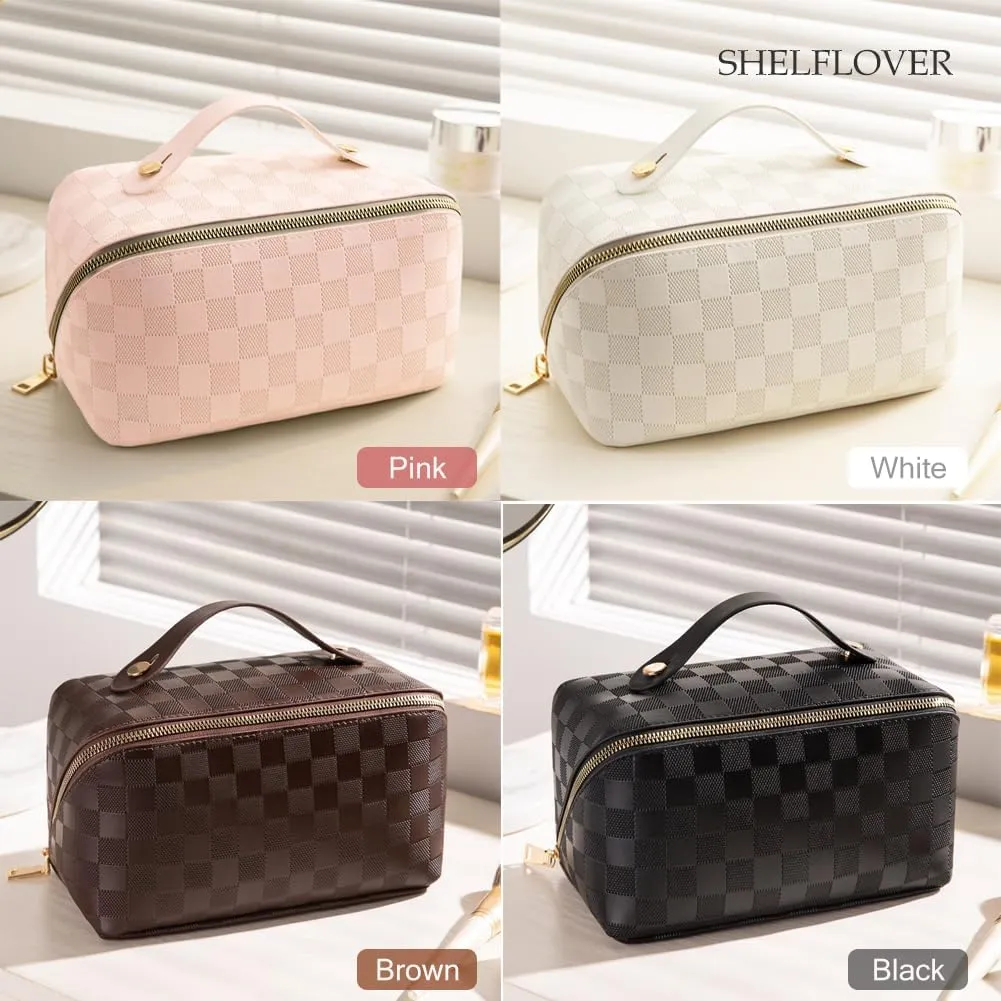 Travel Toiletry Bag Makeup Bag, Water-Resistent Cosmetic Bags for Women, Portable Pouch Open Flat Make Up Organizer Case, Cosmetic Bags, Black Grid