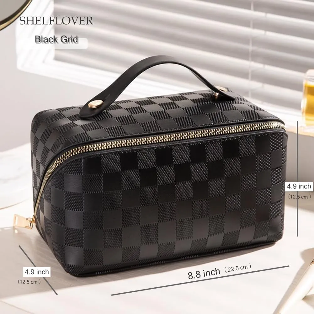 Travel Toiletry Bag Makeup Bag, Water-Resistent Cosmetic Bags for Women, Portable Pouch Open Flat Make Up Organizer Case, Cosmetic Bags, Black Grid