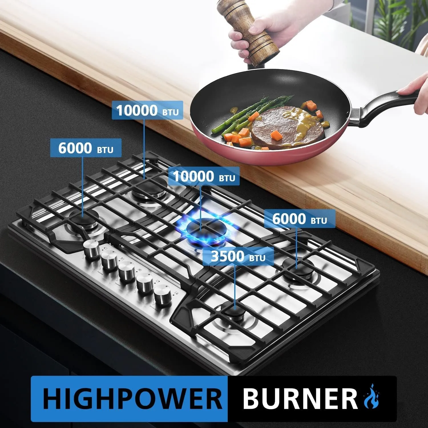 Trifecte 30 Inch Stainless Steel Gas Cooktop, Built-in Gas Stove Top with 5 Italy SABAF Sealed Burners Dual Fuel NG/LPG Convertible Gas Hob with Thermocouple Protection (Gas Regulator Not Included)