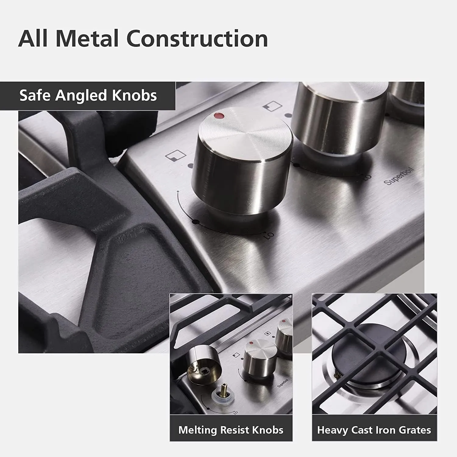 Trifecte 30 Inch Stainless Steel Gas Cooktop, Built-in Gas Stove Top with 5 Italy SABAF Sealed Burners Dual Fuel NG/LPG Convertible Gas Hob with Thermocouple Protection (Gas Regulator Not Included)