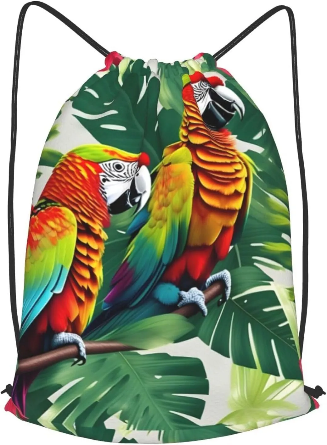 Tropical Flower Leaf Parrot Drawstring Cinch Backpack Polyester Sack Pack String Bag For Hiking Camping Adventure