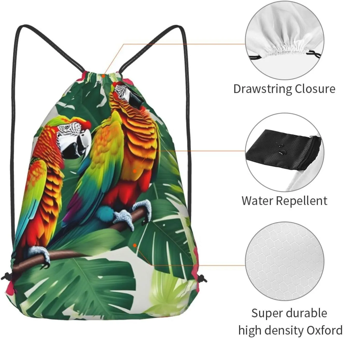 Tropical Flower Leaf Parrot Drawstring Cinch Backpack Polyester Sack Pack String Bag For Hiking Camping Adventure