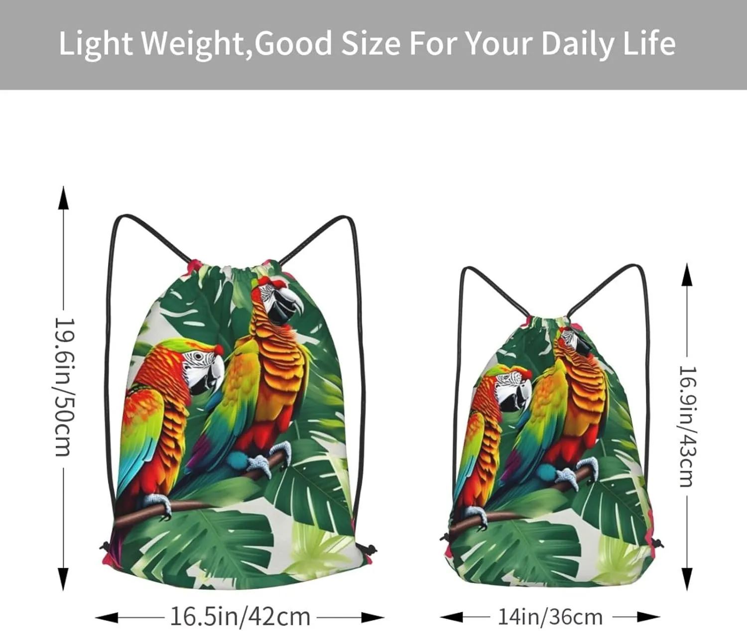 Tropical Flower Leaf Parrot Drawstring Cinch Backpack Polyester Sack Pack String Bag For Hiking Camping Adventure