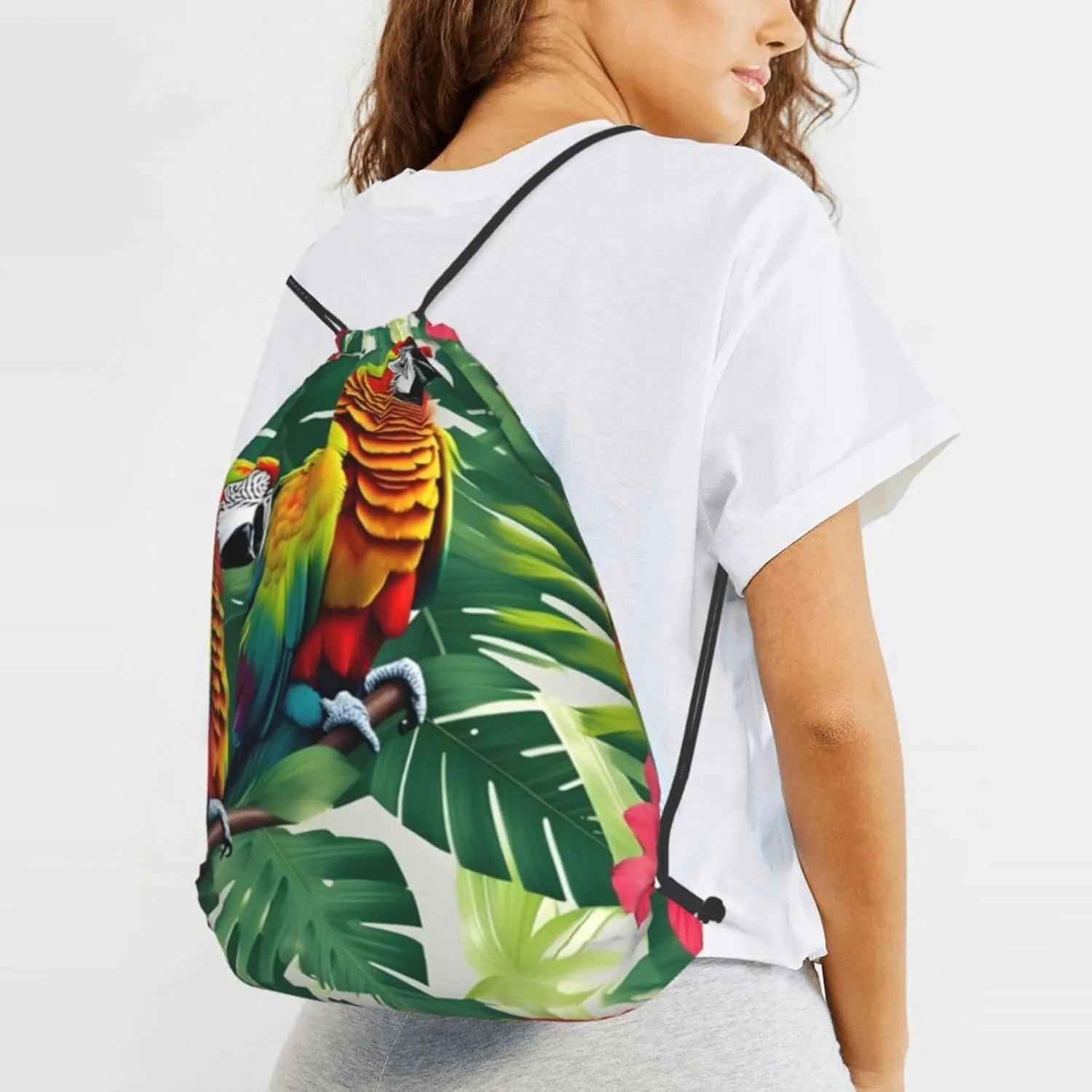 Tropical Flower Leaf Parrot Drawstring Cinch Backpack Polyester Sack Pack String Bag For Hiking Camping Adventure