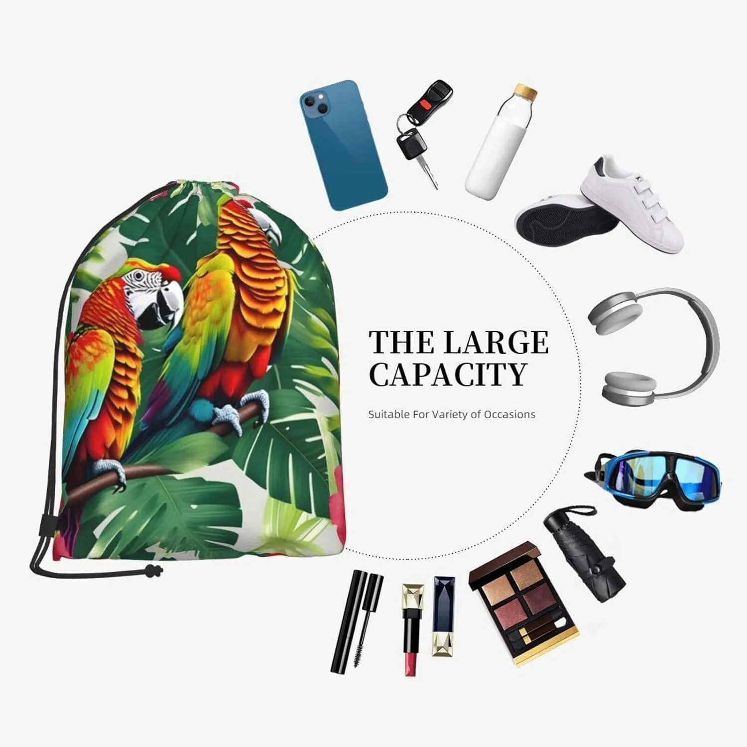 Tropical Flower Leaf Parrot Drawstring Cinch Backpack Polyester Sack Pack String Bag For Hiking Camping Adventure