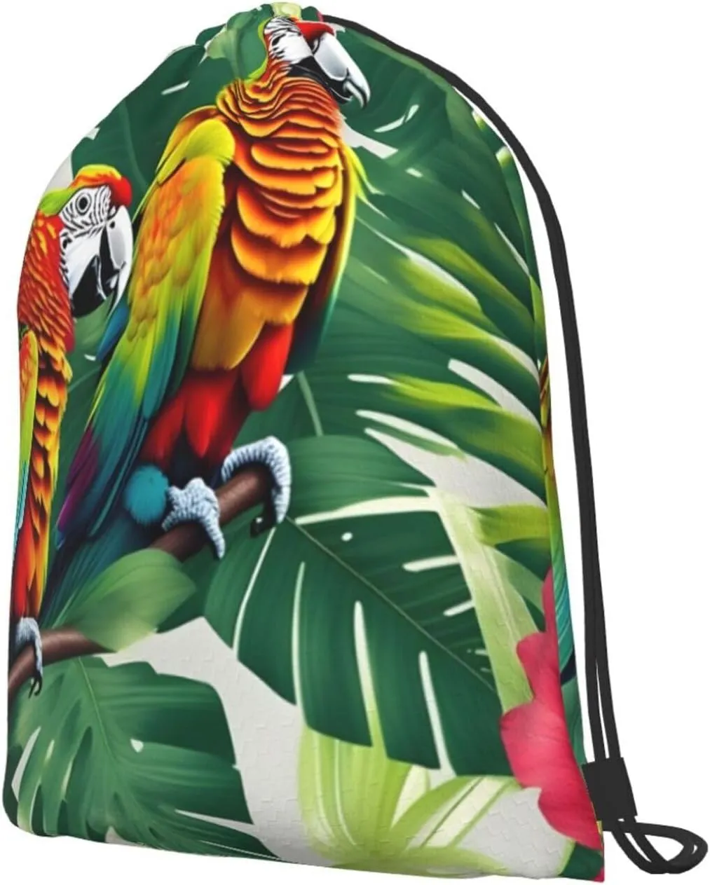 Tropical Flower Leaf Parrot Drawstring Cinch Backpack Polyester Sack Pack String Bag For Hiking Camping Adventure