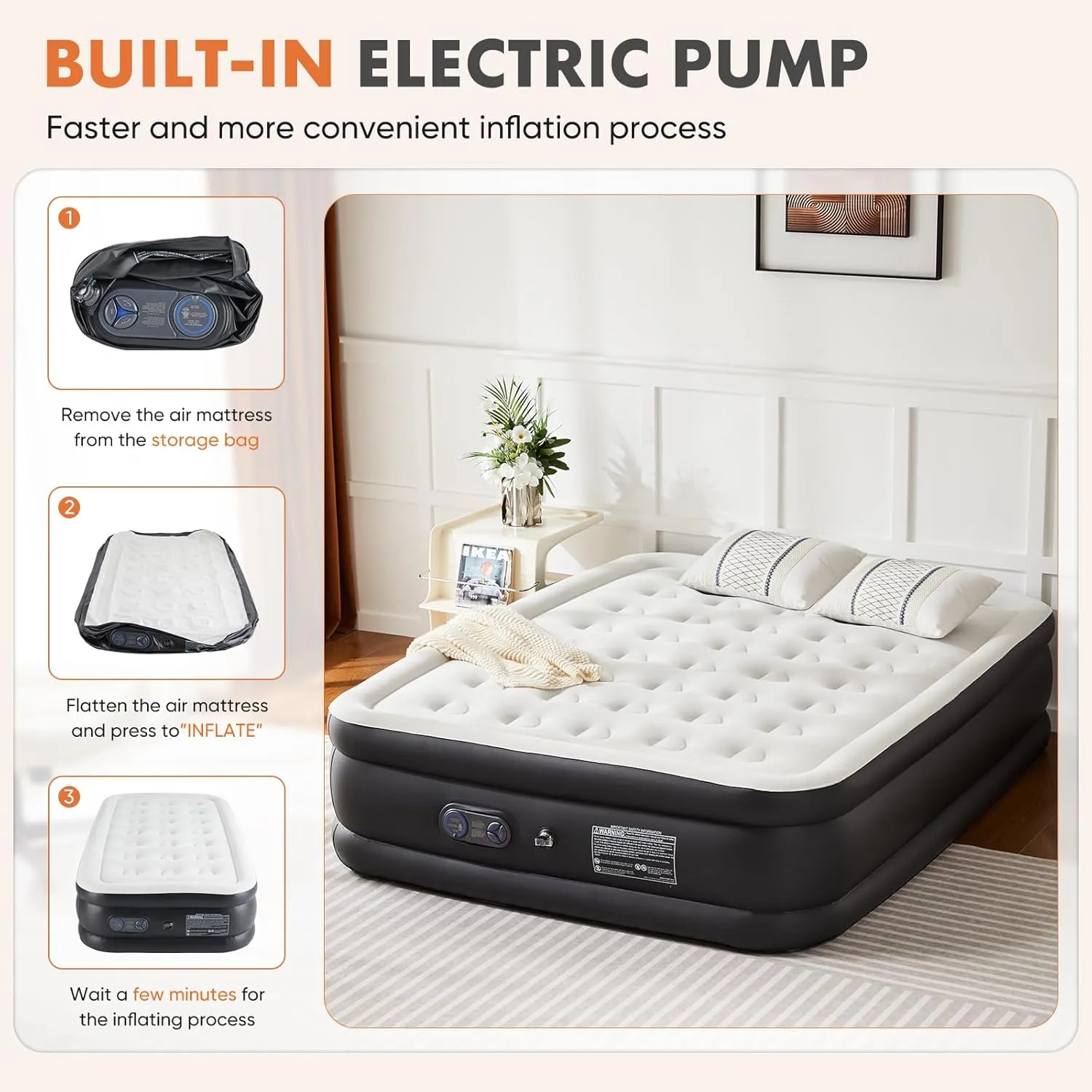 Twin Air Mattress with Built-in Pump - 18" Heavy-Duty Inflatable Bed, 660lbs Capacity & Ultra-Quiet Operation | Portable Guest Mattress for Home/Camping, Quick Inflation & Compact Storage (Black)